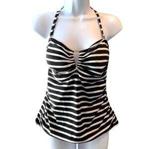 Michael Kors Tankini Top Black and White Stripes Halter Cutout Gold Logo Size L